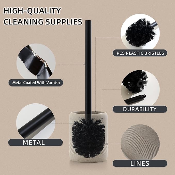 Toilet Brush and Holder Set 2 PCS Decorative Toilet Bowl Brush and Holder Set Bathroom Aceessories Toilet Scrubber Brush Set with Heavy-Weight Resin Base with Long Handle (Beige)