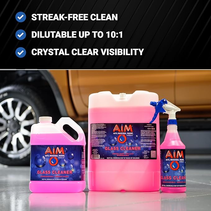 AIM Chemicals Ammoniated Glass Cleaner Concentrate - Streak-Free Shine for Windows Cars Homes Offices - Dilutes 10:1 - Removes Dirt Grime Fingerprints - Ideal for Glass Spray Bottles - Gal