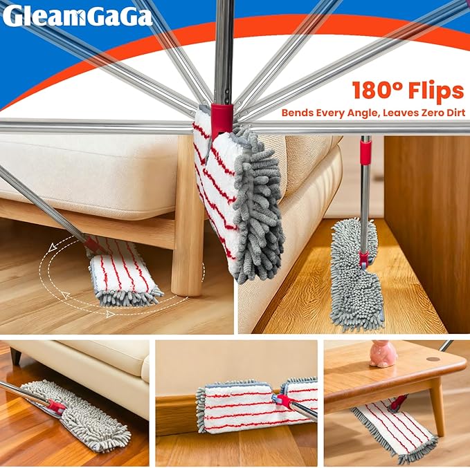 Microfiber Mops for Floor Cleaning Flat Dust Mop with 4 Washable Pads Dual-Sided Flip Mop for Wet &amp Dry Use Extendable 62’’ Handle with Scraper Floor Mops for HardwoodLaminateVinylKitchenT