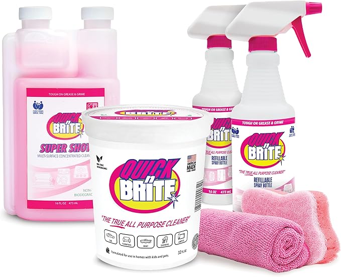 Quick 'n Brite Ultimate Cleaning Kit – Includes 32oz Paste 16oz Super Shot 2 Refillable Spray Bottles Microfiber Towel Scrubber Sponge &amp Quick Start Guide – All Purpose Cleaner - Made in the U