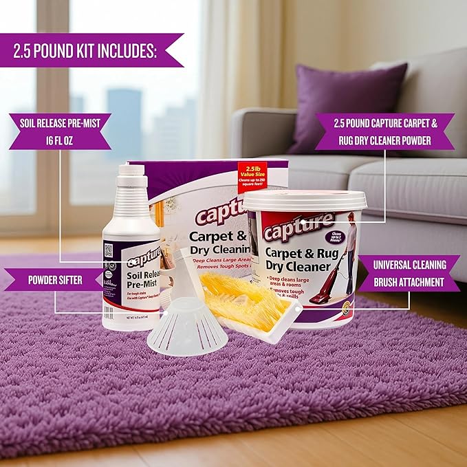 Capture Carpet Total Care Kit 250 - Home Couch and Upholstery Car Rug Dogs &amp Cats Pet Carpet Cleaner Solution - Strength Odor Eliminator Stains Spot Remover Non Liquid &amp No Harsh Chemical
