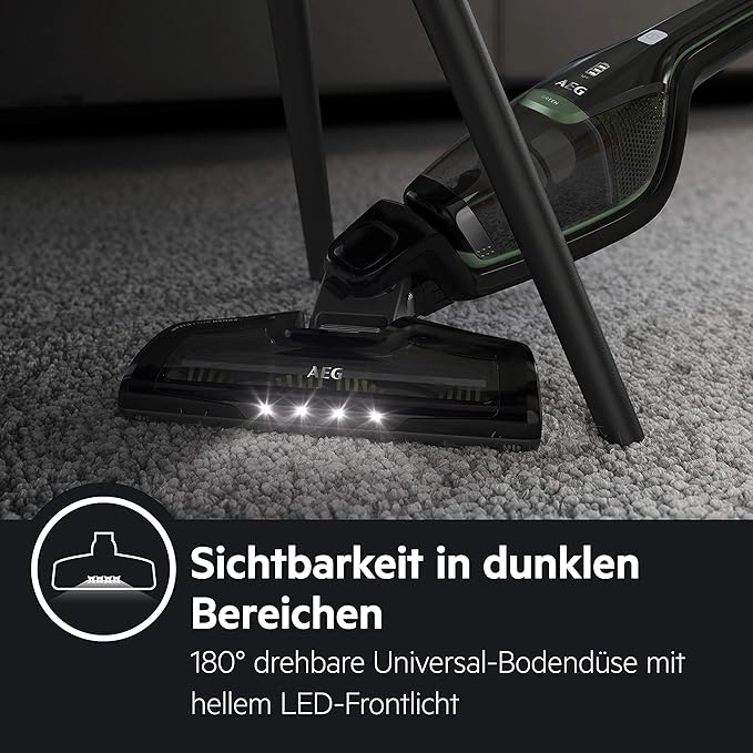AEG Ergorapido CX7-2-45MÖ 2in1 Akku-Staubsauger (50% Recyclingmaterial beutellos bis zu 45 min Laufzeit freistehend 180° Drehgelenk Bürstenreinigungsfunktion LED-Frontlichter schwarz/grün)