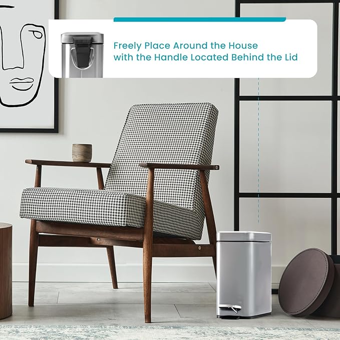 Home Zone Living 1.3 Gallon Small Bathroom Trash Can with Lid and Step Pedal Stainless Steel Wastebasket with Slim Design for Home and Office Silver 5 Liters