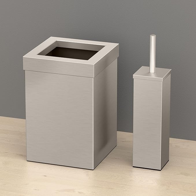 Gatco Small Bathroom Trash Can with Lid and Toilet Brush Set Square 3 Gallon Stainless Steel Wastebasket Under Sink Satin Nickel for Bathroom Bedroom Office (2971)