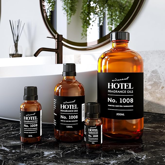 AirScent Hotel Diffuser Oil No. 1008 - White Tea Aloe Vera &amp Sandalwood - Hotel Scent Dupe - Premium Fragrance Oil for Ultrasonic and Waterless Diffusers and Crafting - 120 mL 4 fl oz Glass Bott