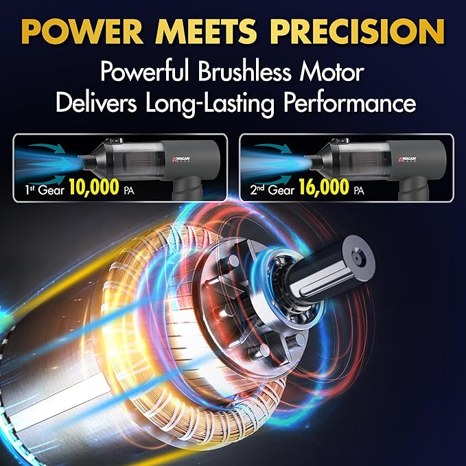 Wagan EL7209 Cordless Car Vacuum with Air Blower Brushless Motor 16000Pa Strong Suction Rechargeable Mini Handheld Vacuum Cleaner with USB-C Portable Dust Cleaner and Blower for Car Home Office