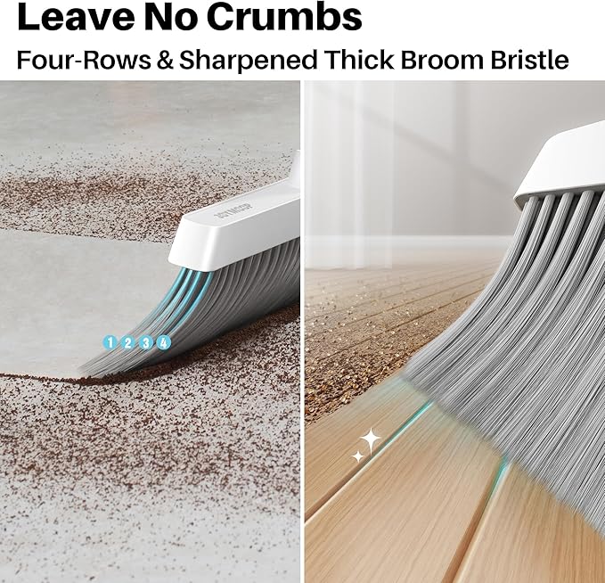 JOYMOOP White Broom and Dustpan Set Upright Angle Design with Built-in Comb Teeth for Kitchen Office Pet Hair Hard Floors