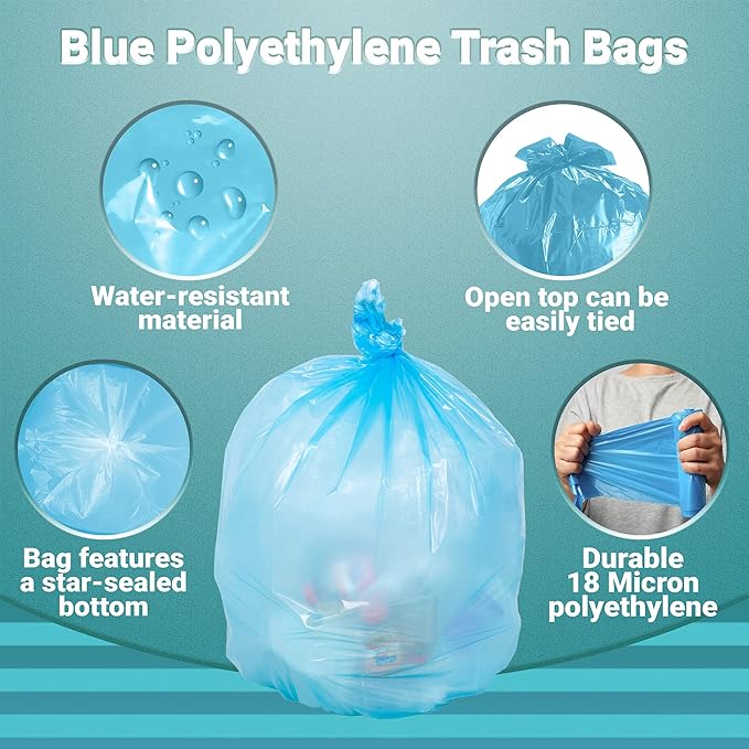 APQ Blue Heavy Duty Trash Bags 40 x 48 Inches. Pack of 200 Polyethylene Office Trash Can Liners 18 Micron Thick. Durable Recyclable 80 Gallon Plastic Garbage Bags for Offices Schools and Kitchen