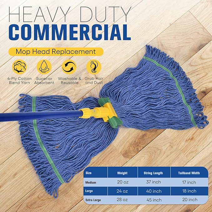 Matthew Cleaning Commercial Mop Head Replacement 5 Inch Wide Headband Looped End Cotton Blend String Wet Mops for Floor Cleaning 28 oz Extra Large Case Pack 12 Pcs Blue