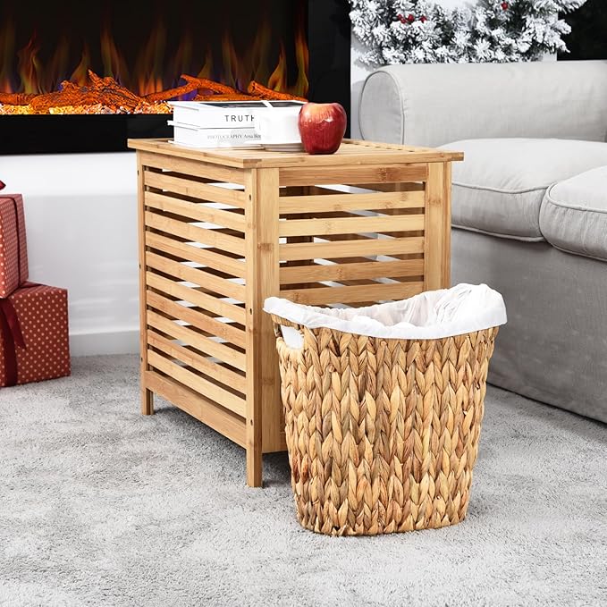 FairyHaus Wicker Trash Can with Handles Natural Water Hyacinth Wicker Waste Basket Handwoven Wicker Trash Basket for Bathroom Bedrooms 13 L x 7.5 W x 12.2 H