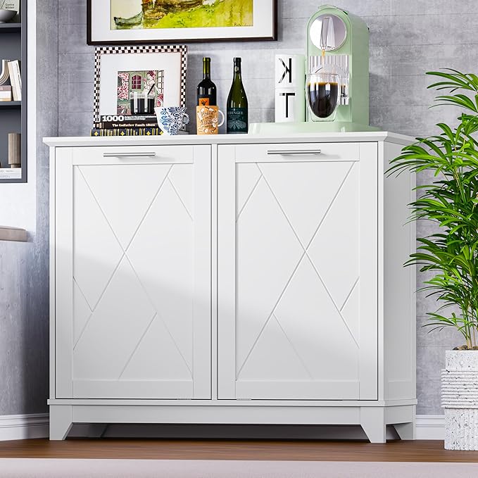 Tilt Out Trash Can Cabinet for 2 Bins Hidden Recycle Garbage Bin Enclosure Wooden Double Laundry Cabinet with Odor Control Negative Ion &amp Ozone for Kitchen Bathroom Laundry Room