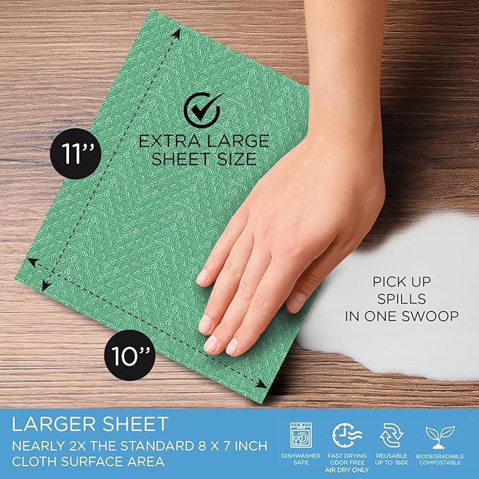 Swedish Dishcloths for Kitchen XL 30 Sheet Roll Biodegradable &amp Compostable Reusable Paper Towel Cleaning Cloths 11 x 10 No Odor Washing Dishes Ultra Absorbent Cellulose Sponge Towel By
