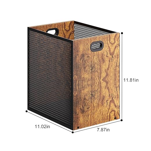 Retro Office Trash Can Iron and Wood Combination Bedroom Garbage Can Rectangular Design Wastebasket with Handle Industrial Style Trash Can for Home Office 4.5 Gallon (Patent Pending)