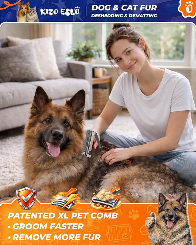 Extra Large 2-Sided Undercoat Rake for Dogs &amp Cats Dog Brush for Shedding Remove Mats Dematting Comb Safe &amp Gentle Grooming Brush for German Shepherds Medium to Long-Haired Pets (Walnut Han