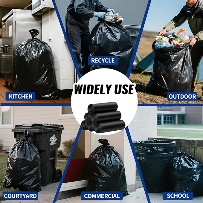 120 Count 55-60 Gallon Trash Bags Tear-Free Large Black Garbage Bags for Kitchen Office Outdoor Commercial Use Lawn and Leaf Bags Lightweight 17 Micron Design for Daily Dry Waste