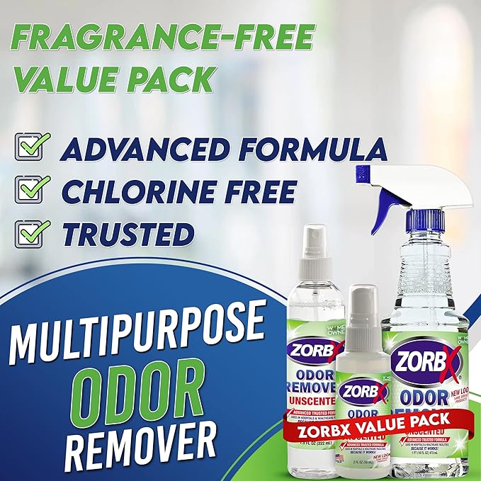 ZORBX Odor Remover Bundle – Includes 16 Oz Fast-Acting Odor Remover Spray 7.5 Oz Compact-Sized Odor Remover Spray 2 Oz Travel-Friendly Odor Remover Spray &amp 24 Oz M&ampM Stain and Odor Remover