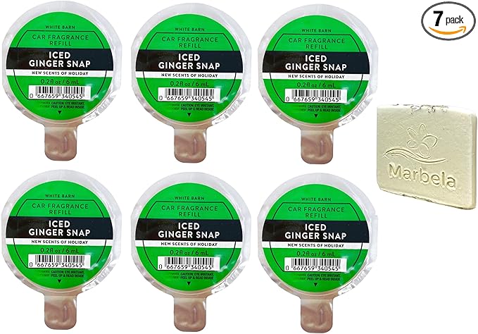 Bath &amp Body Works Iced Ginger Snap - 6 Pack Of Car Fragrance Refill Bundle with a Natural Oats Sample Soap.