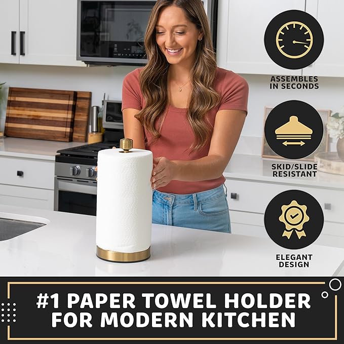 Heavy-Duty Stainless Steel Paper Towel Holder - Easy One-Handed Tear with Suction Cups - Modern Weighted Standing Countertop Dispenser for Kitchen - Holds All Paper Towel Rolls Gold