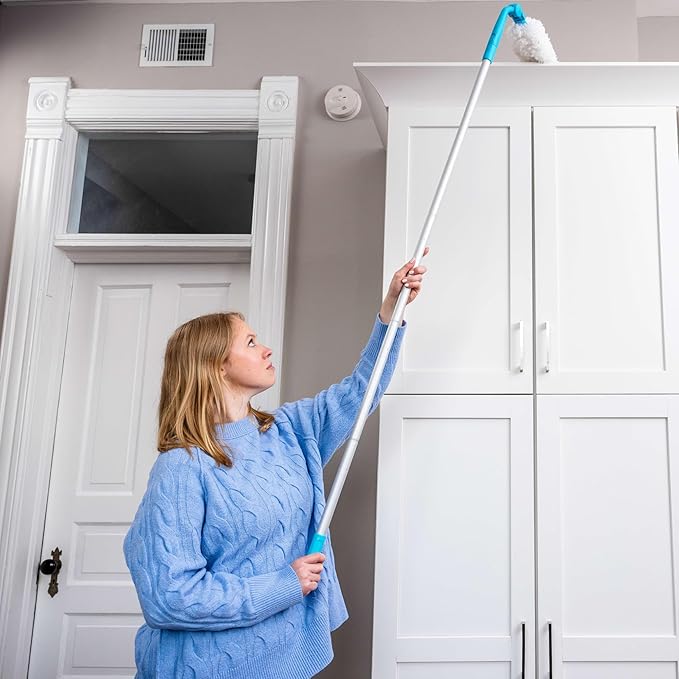 E-Cloth Easy-Click Home Cleaning Supplies Set - Dust Broom &amp Flat Mop Kit for Floor Cleaning Wall Ceiling &amp Floor Duster Adjustable Handle Interchangeable Heads Washable Pads No Refills