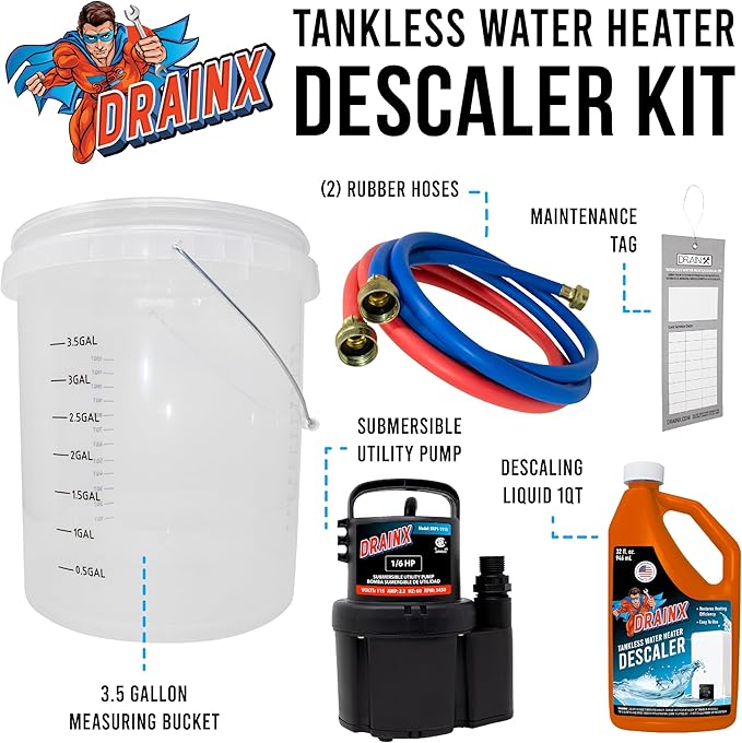 DrainX Tankless Water Heater Flushing Kit Includes Submersible Pump Hoses Liquid Descaler Solution and Measuring Bucket