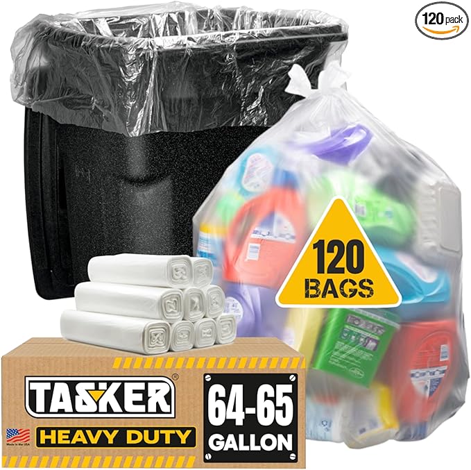 Tasker 64-65 Gallon Clear Trash Bags Heavy Duty Recycling Bag (Huge 120 Count) 60 Gallon Clear Extra Large Recycling Garbage Bags