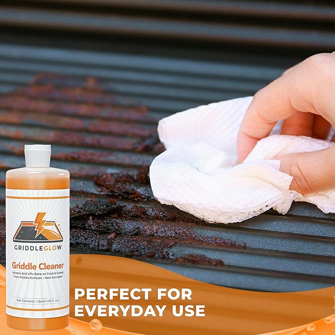 Griddle &amp Flat Top Grill Biodegradable Cleaner. Easy Pour Squeeze Bottle 32 oz. Fast Acting Formula Food Safe Glycerin-Based and Caustic Free. Heat Activated Removes Grease and Baked-on Food Sa