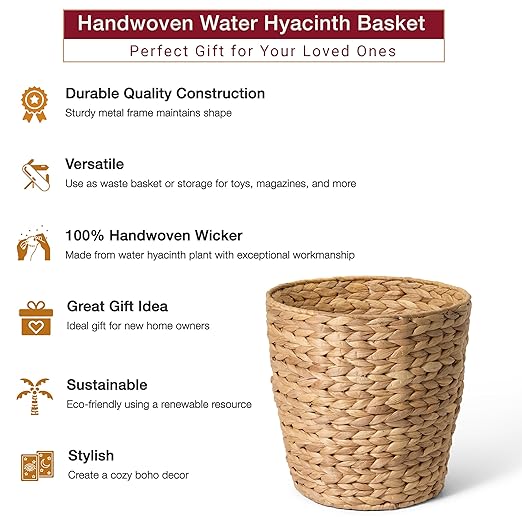 2-Pack Woven Waste Basket for Bathroom Bedroom or Living Room | Wicker Wastebasket Style Handwoven Basket Made from Water Hyacinth | Modern Boho Storage Basket