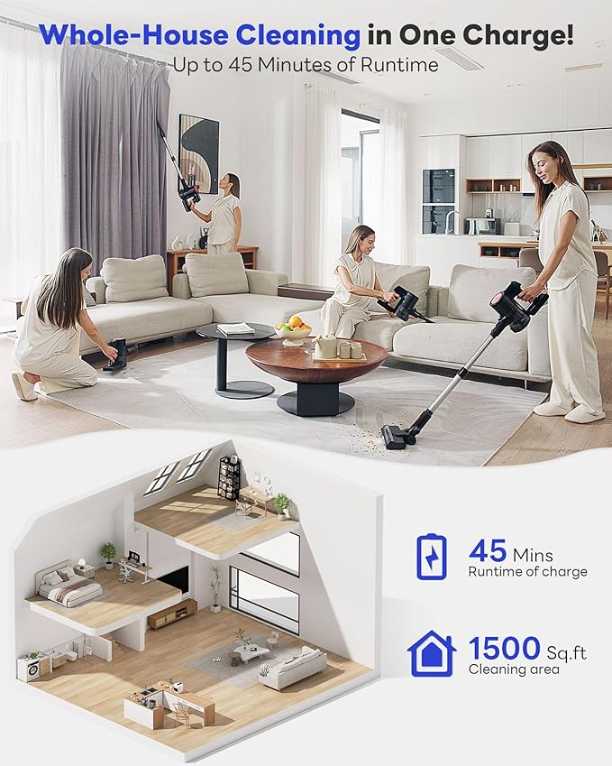 Cordless Vacuum Cleaner 45KPA Stick Vacuum Cleaners for Home with Up to 45 Mins Runtime 6-in-1 Rechargeable Lightweight Vacuum with Powerful Suction for Carpets Pet Hair Hardwood Floors