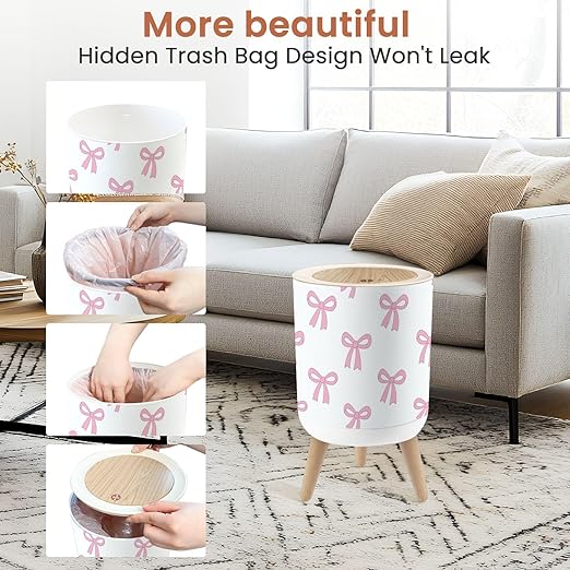Bathroom Trash Can with Lid Seamless Hand Drawn Ribbon Bow Decorating Bow Pink Garbage Bin Waste Basket for Kitchen Office Bedroom Decoration Diaper Pail 1.8 Gallon