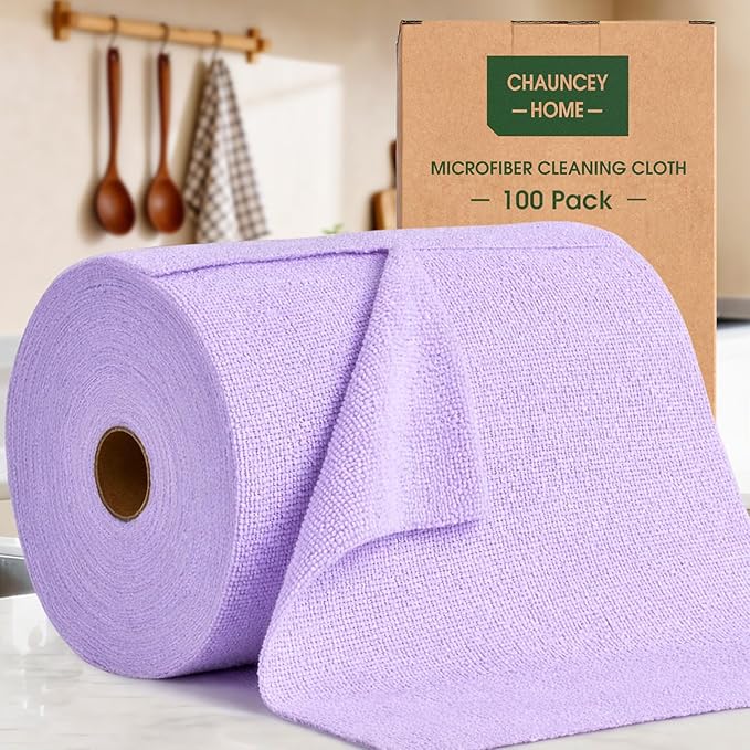 Microfiber Cleaning Cloth Roll - 100 Pack Tear Away Microfiber Paper Towels Reusable Washable Scratch-Free Kitchen Towels for Car Home Kitchen Glass Dishes (Light Purple)