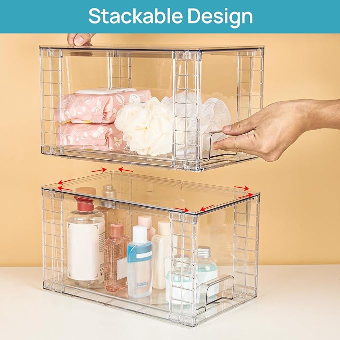 Vtopmart 2 Pack Large Stackable Storage DrawersClear Acrylic Drawer Organizers with Handles Easily Assemble for BathroomKitchen UndersinkCabinetClosetMakeupPantry organization and Storage