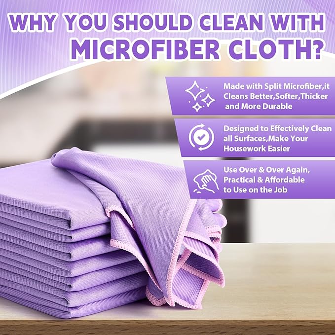Maxcheck 24 Pack Magic Cleaning Cloth 16 x 16 Inch Microfiber Glass Cleaning Cloths Reusable Lint Free Microfiber Towels for Kitchen Dish Windows Mirror Glass Car(Purple)
