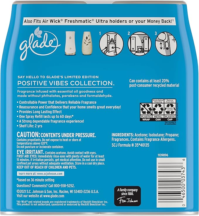 Glade Automatic Spray Refill Air Freshener for Home and Bathroom Cotton Cloud Dream 6.2 Oz 2 Count