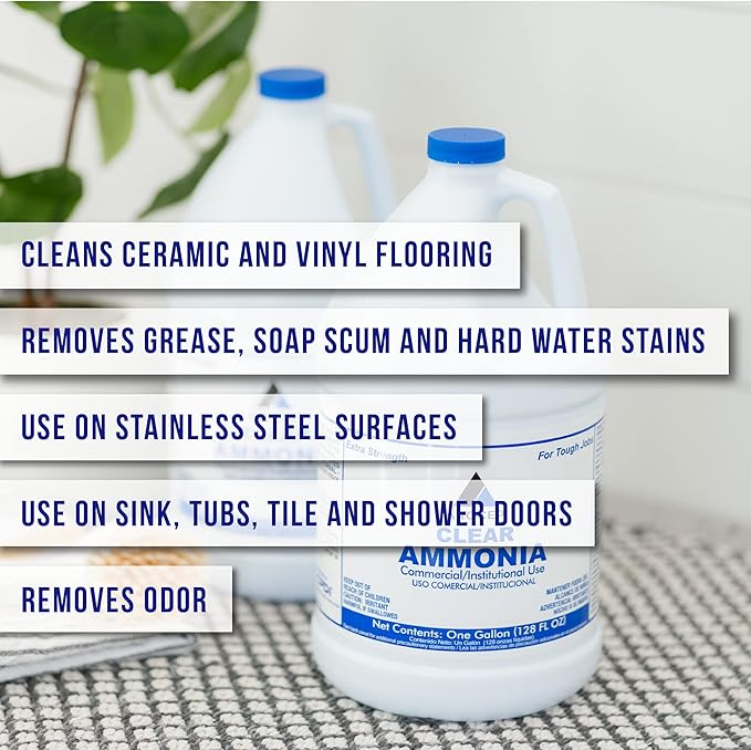 Clear Ammonia Cleaner Liquid 2 Gallon Multipurpose Multi-Surface Cleaning Solution Removes Grease Hard Water Stains and Odors Kitchen and Bathroom Use