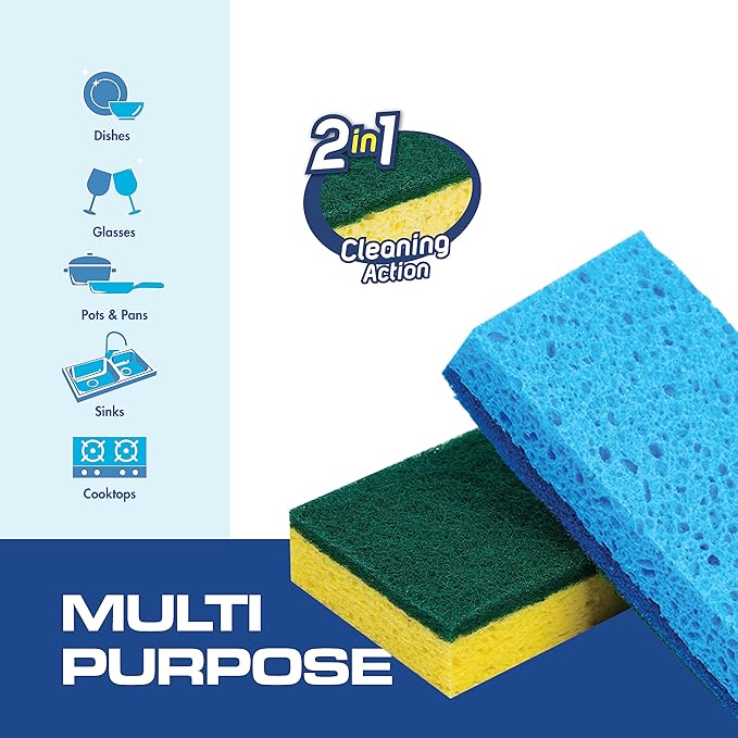 SCRUBIT 48 Pack Kitchen Sponges Dish Sponge for Washing Dishes Kitchen &amp Bathroom – Blue &amp Yellow Dishwashing Sponges Along with A Thought Scrubber – Bulk Cleaning sponges Kitchen (Blue Yell