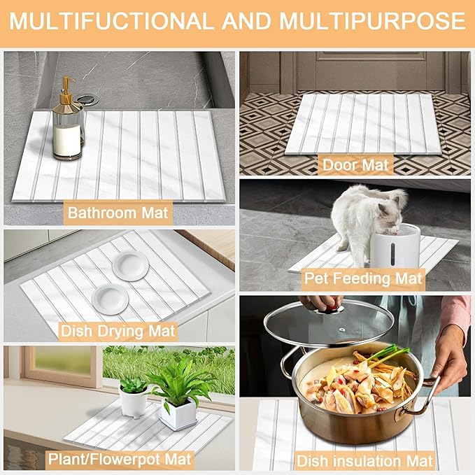 Large Stone Dish Drying Mat for Kitchen Counter with 3 Sanding block and Towel 24×16 Quick Drying Diatomaceous EarthSuper Absorbent Anti Slip Mat for Women Mom Grandma (Marble white)