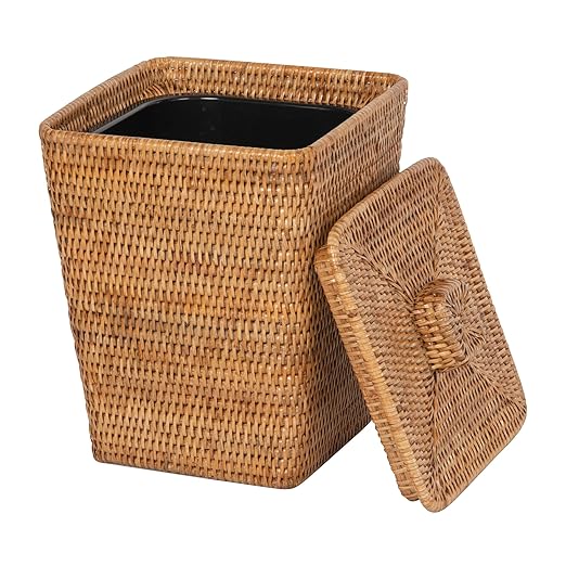 Kouboo Rattan Square Paper Waste Basket and Trash Bin with Lid and Plastic Insert 2 Gallon Capcity Honey-Brown