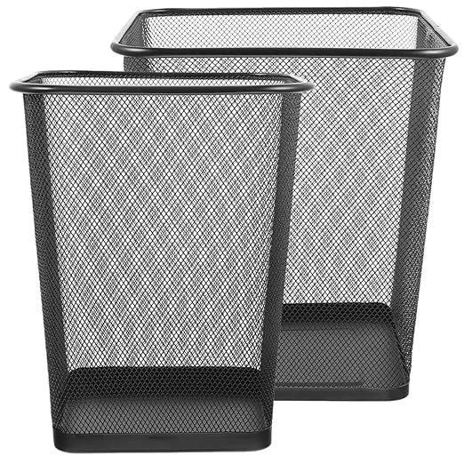 Housoutil 2Pcs Metal Mesh Wastebaskets Quadrilateral Frame Trash Cans in Black Small and Large Size Ventilated Garbage Containers for Home and Office Desk Use