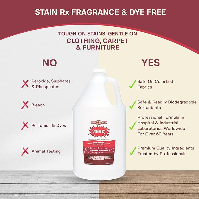 Stain Remover Effectively Eliminates Stains from Wine Berries &amp Blood on Colorfast Fabrics Carpets Upholstery &amp Jewelry Fragrance Bleach &amp Dye-Free Peroxides &amp Phosphates 1 Gall