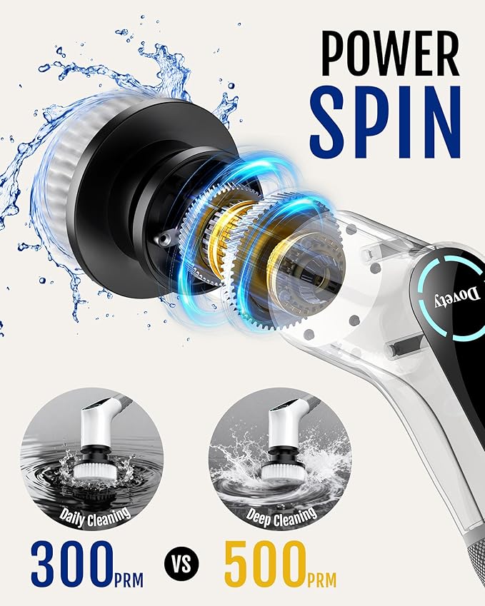 Dovety Electric Spin Scrubber Cordless Cleaning Brush Shower Scrubber with 8 Replaceable Brush Head Power Cleaning Brush with Extension Handle 2 Adjustable Speed for Bathtub Grout Tile Floor