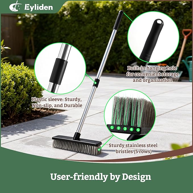 Eyliden Push Broom Heavy Duty Moss Wire Scrub Brush with Stainless Steel Bristles 65 Long Handle Scrubber Brush for Deck Floor Concrete Roof Patio Pool Outdoor Cleaning