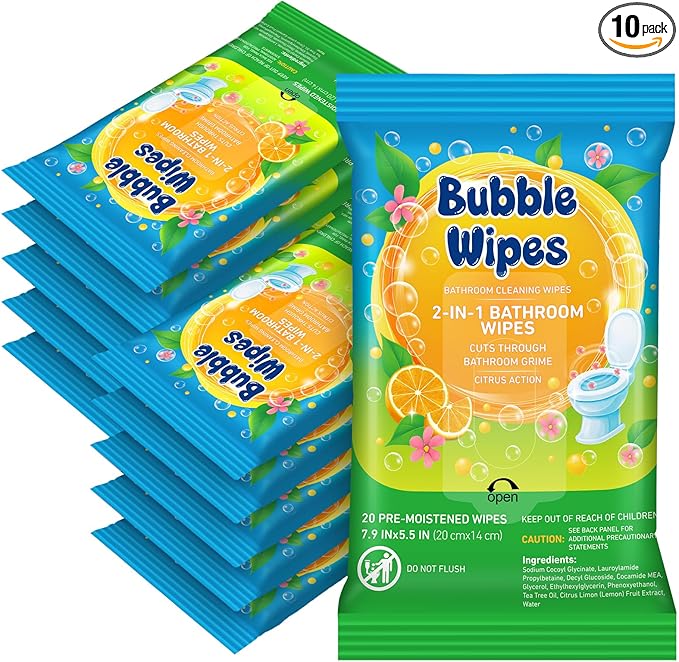 10 Pack Bathroom Cleaning Wipes – 200 Count Citrus Scented 2-in-1 Cleaner bubble Wipes for Bathroom Toilet Sink Tile &amp Shower – Reusable Sealable Pouch No Scrubbing Needed