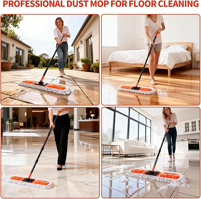 36 Large Commercial Dust Mops for Industrial Floor Marble LaminateTileConcreteGarage. Janitor Broom Wide Dry mop for Hardwood Heavy Duty Long Handle Hotel Gym Household Cleaning Supplies