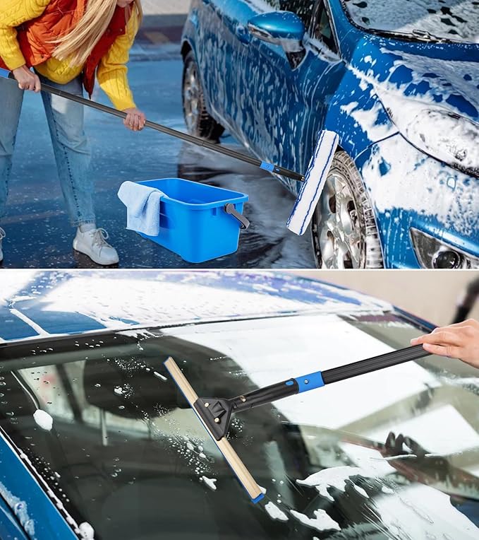 Window Cleaning Kit with Storage Bucket Window Squeegee with 4.13ft Extension Pole Scrubber Spray BottleDuster Cloth Squeegee with Rotating Head Professional Window Cleaning Tools