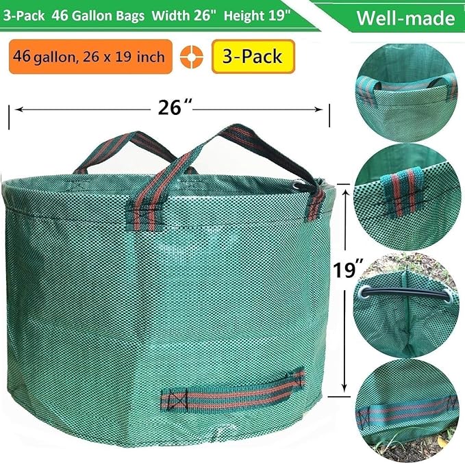 Standard 3-Pack 46 Gallon Lawn Garden Bags (D26H19 inch) Yard Waste Bags W/Gardening Gloves for Leaf BagYard DebrisGarden Trash ContainerCamping Waste BinLawn Grass ClippingsWeeds Bag 4 Handles