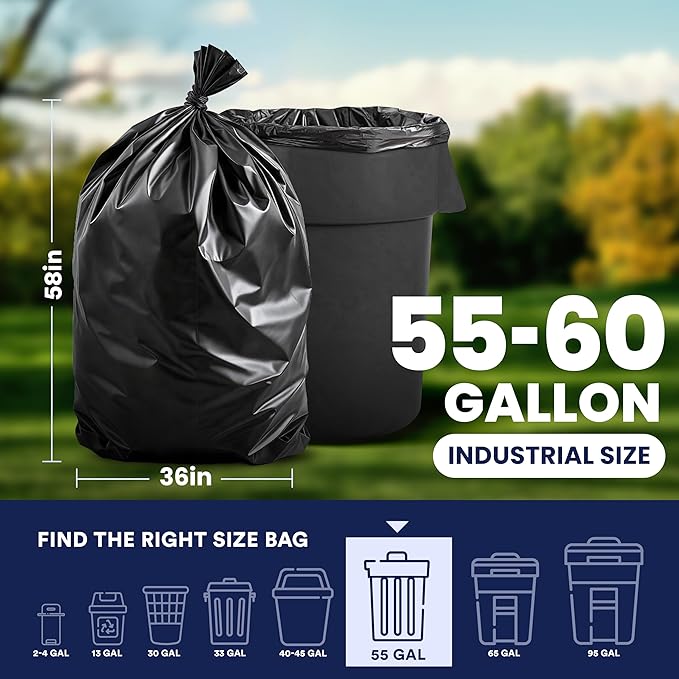 Plasticplace 55-60 gallon Trash Bags │ 2.0 Mil │ Black Heavy Duty Garbage Can Liners │ 36” x 58” (100Count) (W55LDBX2)