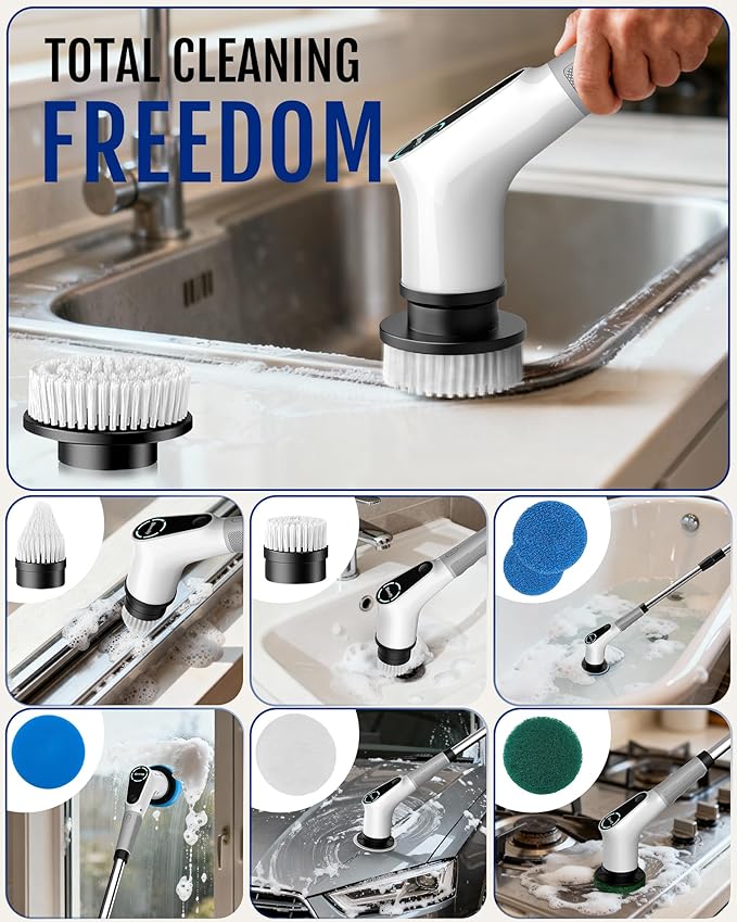 Dovety Electric Spin Scrubber Cordless Cleaning Brush Shower Scrubber with 8 Replaceable Brush Head Power Cleaning Brush with Extension Handle 2 Adjustable Speed for Bathtub Grout Tile Floor