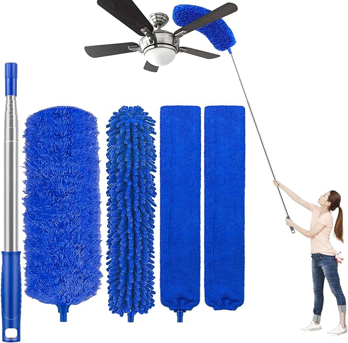 Microfiber Feather Duster 5-in-1 Kit for Dusting and Cleaning – 30–100 Extension Pole Anti-Slip Grip Bendable Washable Heads for Ceiling Fan Furniture Car (Blue)