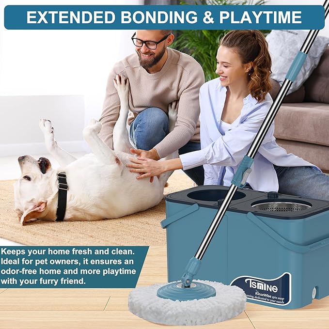 Gen 1 Large-Capacity Spin Mop and Bucket – for Big Homes &amp Deep Cleaning Days4-Chamber System Separates Dirty &amp Clean Water 2-GAL Heavy-Duty Design with Wheels &amp 8 Refill Mop Heads - Blu