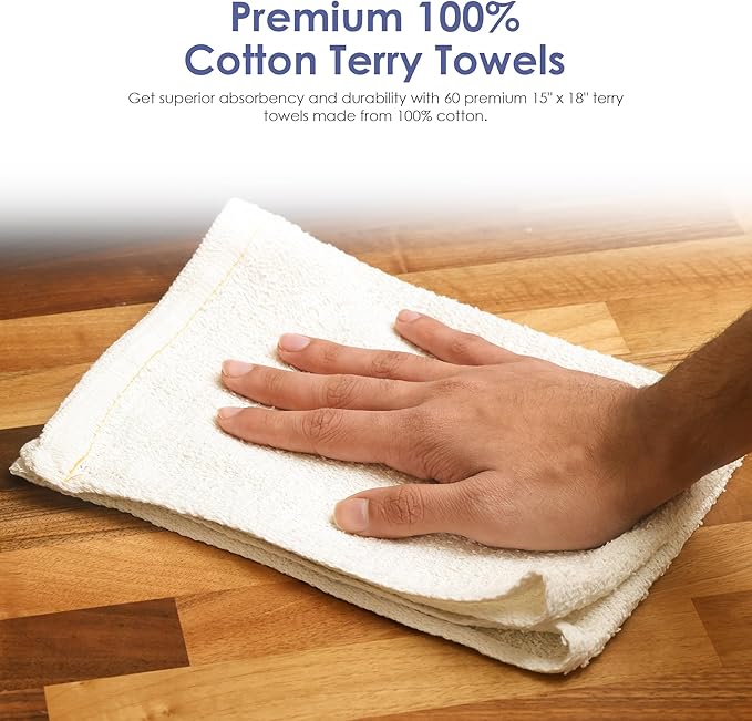Terry Cloth Rags for Cleaning (60PCS) Bag of Rags White 100% Cotton Bar Mop Paint Cloth and Multipurpose Kitchen Auto Staining Lint Free Absorbent Washable Towel 15x18 in
